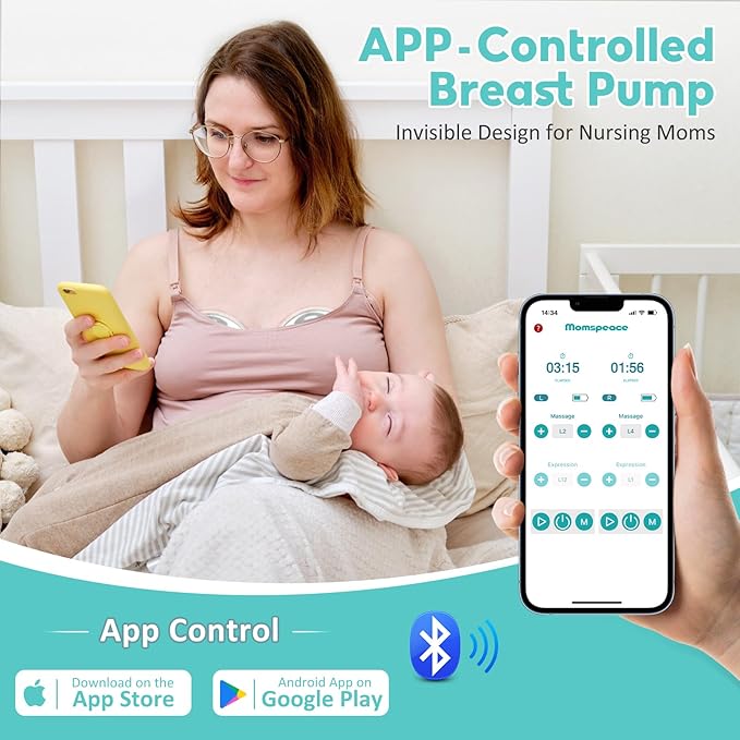 Breast Pump Hands Free with APP for Busy Moms, Momspeace Upgraded Portable Electric Breast Pumps, Discreet Pumping Anywhere, Anti-Backflow, Safe, Double Breast Pumps for Breastfeeding, 24mm, 2 Pack