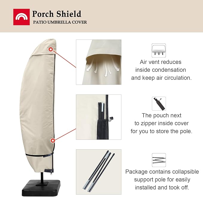 Porch Shield Patio Umbrella Cover - Outdoor Waterproof Garden Offset Banana Parasol Cover Fits Cantilever Offset Umbrella 7.5-11.5 Feet, Beige