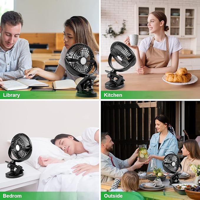 ELZO Clip on Fan, 5000mAh Mini USB Desk Auto Oscillating Small Fan, 360° Rotation Rechargeable Stepless Speed, Super Quiet Portable Fan for Office Stroller Car Camping Travel, Black