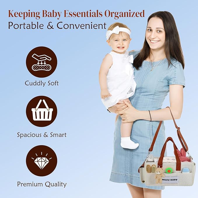 SMILEY BABY Nappy Caddy Organizer, Newborn Essentials & Car Diaper Caddy, Portable Nursery Storage Basket with Detachable Compartments, Baby Shower Gifts and Registry Must Haves for Boy or Girl