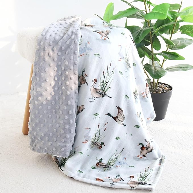 LifeTree Baby Blankets for Newborn, Soft & Lightweight Swaddle Blankets, Muslin Front and Dotted Fleece Backing Receiving Bed Throw Blanket Unisex, 31X40 Inches, Baby Girl & Boy Blanket, Duck