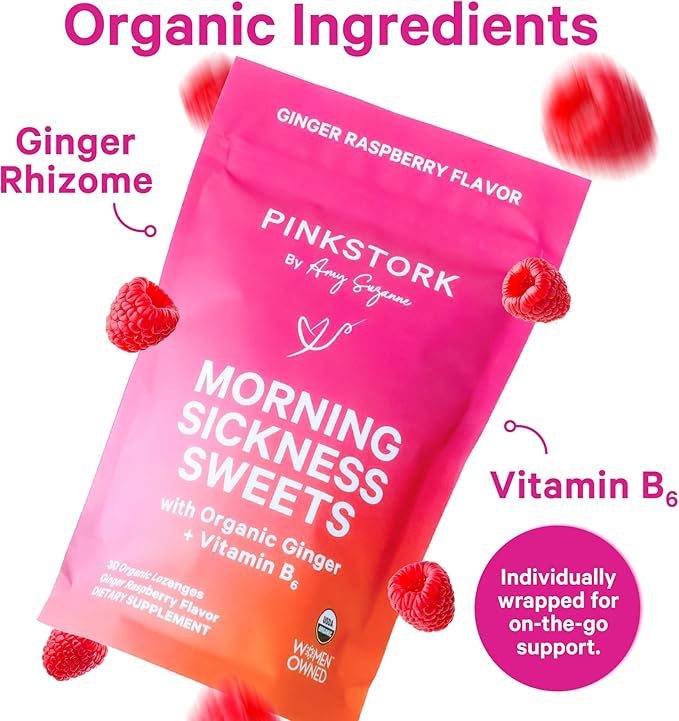 Pink Stork Morning Sickness Sweets, Organic Raspberry Ginger Candy with Vitamin B6, Support for Motion Sickness, Prenatal Heartburn - Pregnancy Must Haves - 30 Wrapped Drops