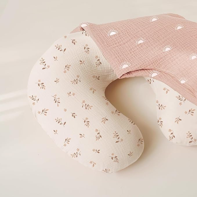 Konssy Muslin Nursing Pillow Covers, Soft and Cute Nursing Covers for Breastfeeding Pillows, Ideal for Newborn Baby Boys and Girls (Brown Leaf, Pink Sun) - 2 Pack