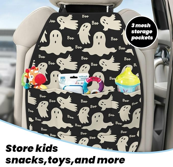 Ghost Pattern Car Kick Mats Back Seat Protector 2 Pack Auto Seat Back Covers with 3 Organizer Travel Accessories Universal Vehicle Interior from Dirt, Mud