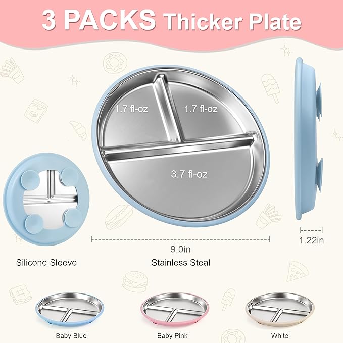 Bella's Friends Stainless Steel Baby Plates with Suction 3 Pack, 9” Divided Toddler Plates with Removable Silicone Sleeves for Mess-Free Feeding, Non-Toxic, Non-Slip, Dishwasher Safe, Beige,Pink,Blue