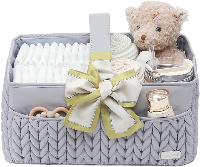 Luxurious Baby Diaper Caddy, Nursery Storage Basket for Newborn Boy and Girl, Travel Baby Basket for Diapers Baby Wipes, Organizer Tote Bag Storage Bin, Baby Shower Gifts (light gray)
