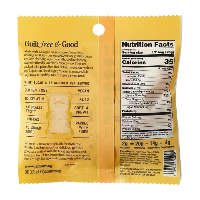 Jammy's™ - Pineapple Gummy Bears | Sugar-Free & Vegan-Friendly | Keto-Friendly, Gluten-Free, Low Carb, High Fibre & Naturally Fruity | Delicious, Soft & Chewy | Box of 6 x 50g Bags