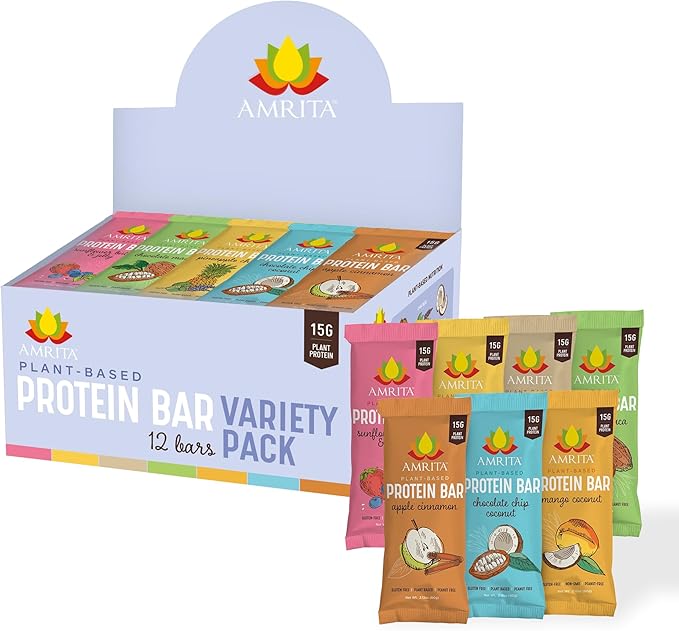Amrita Nut Free Vegan Protein Bars (12 CT PK of 3) | Variety Pack 15g Plant-Based Protein Bar | Peanut-Free, Gluten Free, and Dairy-Free | No Added Sugar, High Fiber, Healthy Snacks for Kids/Adults