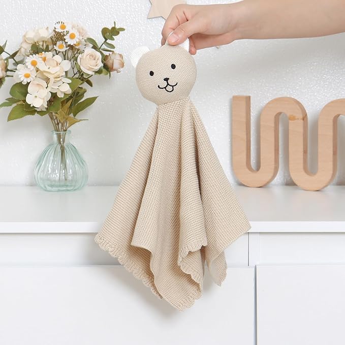 LAWKUL Baby Blanket Bear Lovey Soft Cuddly Security Blanket for Newborns Infants Boy Girl Knit Snuggle Comfort Camel 16x16in