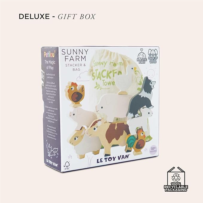 Le Toy Van Wooden Sunny Farm Stacker & Bag Educational Balancing Activity, Plastic Free, Toy Suitable for Age 18+ Months PL141