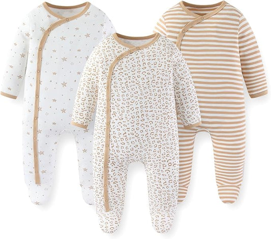 Unisex Baby Boy Girl Footies Rompers Cotton Long Sleeve 3 Pack Infant Jumpsuits 0-12Months Babies' Outfits