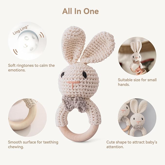 Crochet Baby Rattle, Baby Shaker Toy, Baby Rattles 0-6 Months, Handmade Newborn Toys, Easter Bunny Rattle, Animal Baby Rattle，Knitted Stuffed Animals Gifts for Boys and girs Bunny Rattle