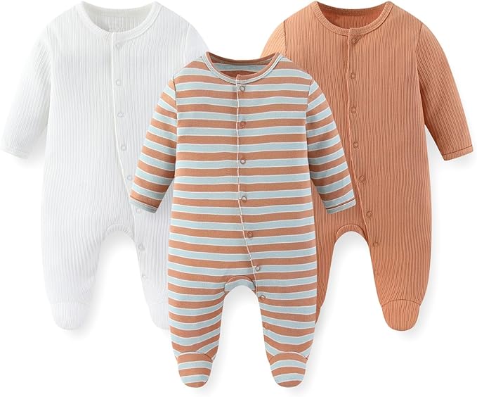 Unisex Baby Boy Girl Footies Rompers Cotton Long Sleeve 3 Pack Infant Jumpsuits 0-12Months Babies' Outfits