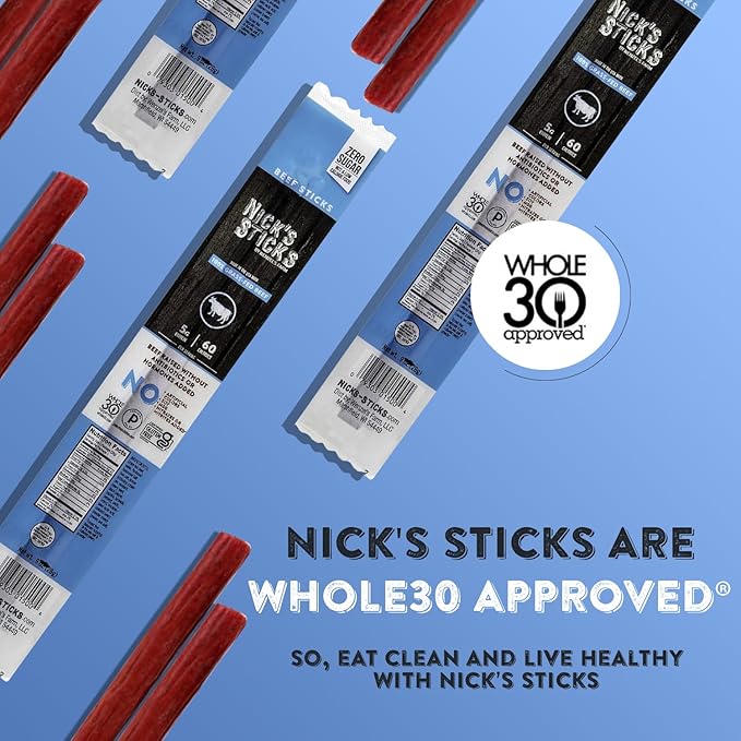 Nick's Sticks Clean & Balanced 100% Grass-Fed Beef Snack Sticks | Made in the USA | Gluten Free | Paleo, Keto, Whole30 Approved | No Soy, Antibiotics or Hormones (12 – 1.7oz. Packages of 2 Sticks)
