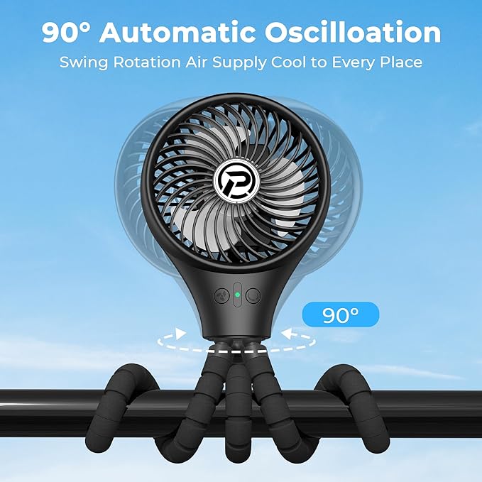 PANERGY Baby Stroller Fan, Oscillating Mini Portable Fan, 3 Speeds Battery Operated Flexible Tripod Clip on for Car Seat Crib Travel
