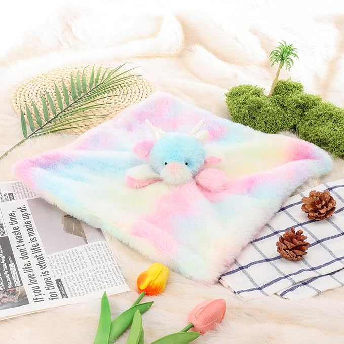 Apricot Lamb Stuffed Animals Colorful Dragon Blanket Infant Nursery Character Blanket Luxury Snuggler Plush Baby Lovey 13.8 Inches