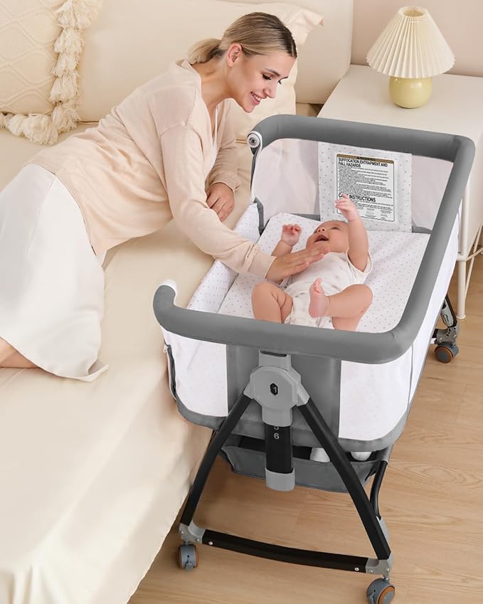 Baby Bassinet, Bassinet Bedside Sleeper with Wheels, Breathable Mesh Bedside Bassinet for Baby, Mosquito Net, Storage Basket, 6 Height Adjustable, Easy to Fold, Grey