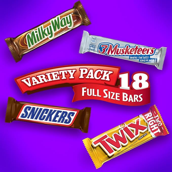 SNICKERS, TWIX, MILKY WAY & 3 MUSKETEERS Individually Wrapped Variety Pack Full Size Milk Chocolate Halloween Candy Bars Assortment, 33.31 oz, 18 Bars Bulk Candy Box