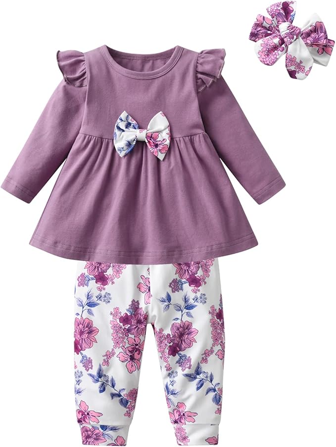 3PCS Baby Girl Clothes Ruffle Floral Shirt Tops Pants Headband Outfit Sets
