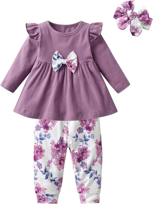 3PCS Baby Girl Clothes Ruffle Floral Shirt Tops Pants Headband Outfit Sets
