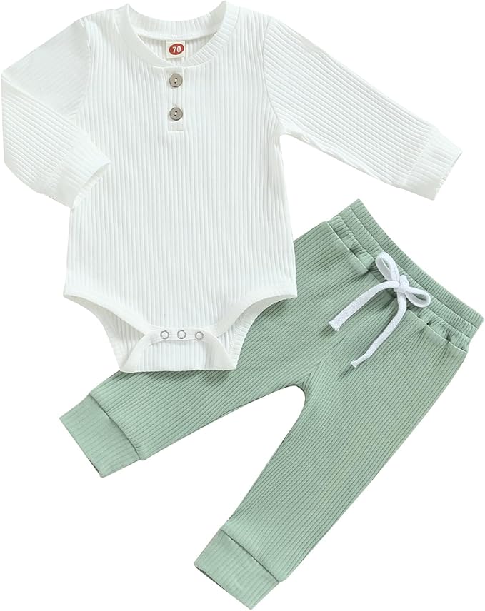 Newborn Baby Boy Girl Clothes Ribbed Knitted Long Sleeve Romper Pants Solid Cotton Infant Fall Winter Outfits 2Pcs