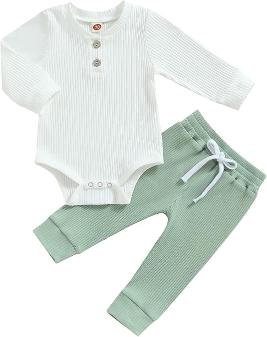 Newborn Baby Boy Girl Clothes Ribbed Knitted Long Sleeve Romper Pants Solid Cotton Infant Fall Winter Outfits 2Pcs