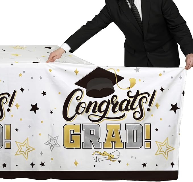 Gatherfun Graduation Decorations 2025-2 Pcs Black and Gold Gongrats Grad Tablecover for Graduation Party Decorations，Grad Plastic Table Covers 54"x108"