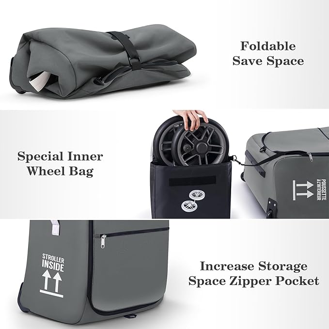Stroller Bag for Airplane, Stroller Travel Bag Compatible with UPPAbaby Vista, Vista V2, Cruz V2, Rolling Wheel Bag with Storage Pocket, Multiple Handles, Luggage Tag for Flight Travel, Grey