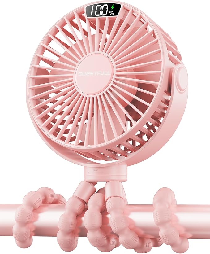 SWEETFULL Portable Stroller Fan with Display 4000mAh Battery Powered Mini Clip On Fan, 4-Speed Rechargeable Small Personal Cooling for Baby Car Seat Crib Travel - Pink