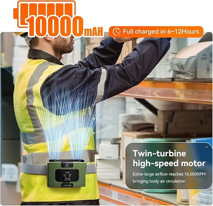 10000mAh Personal Waist Fan, USB Rechargeable Clip The Waist For Working,10 Speed & 40H Cooling and Heatstroke Prevention For Outdoor Travel Camping (K60-green, 12000mAh)