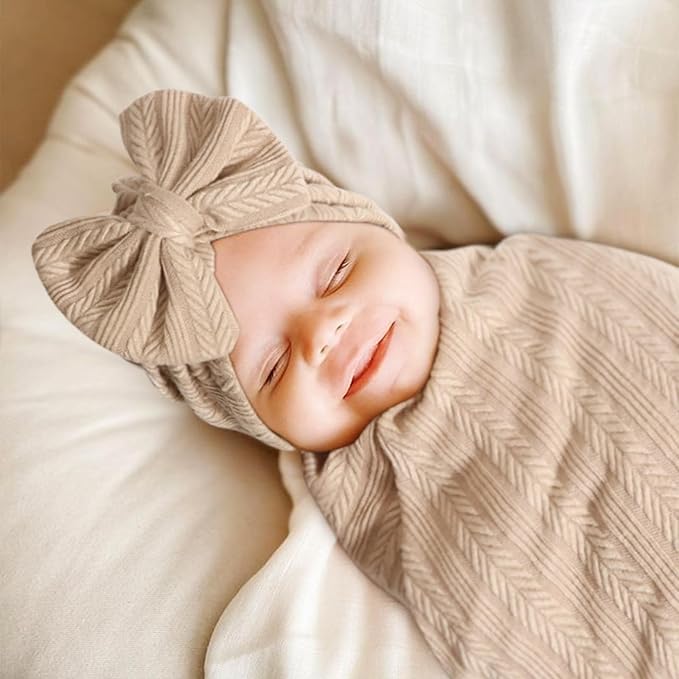 Newborn Receiving Blanket with Bow Hat Mittens Wooden Card Set Wheat-Pattern Newborns Toddler Baby Boy Girl Nursery Swaddle Wrap