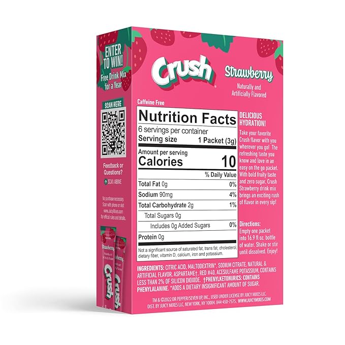 Crush- Powder Drink Mix - Sugar Free & Delicious (Strawberry, 72 Sticks)