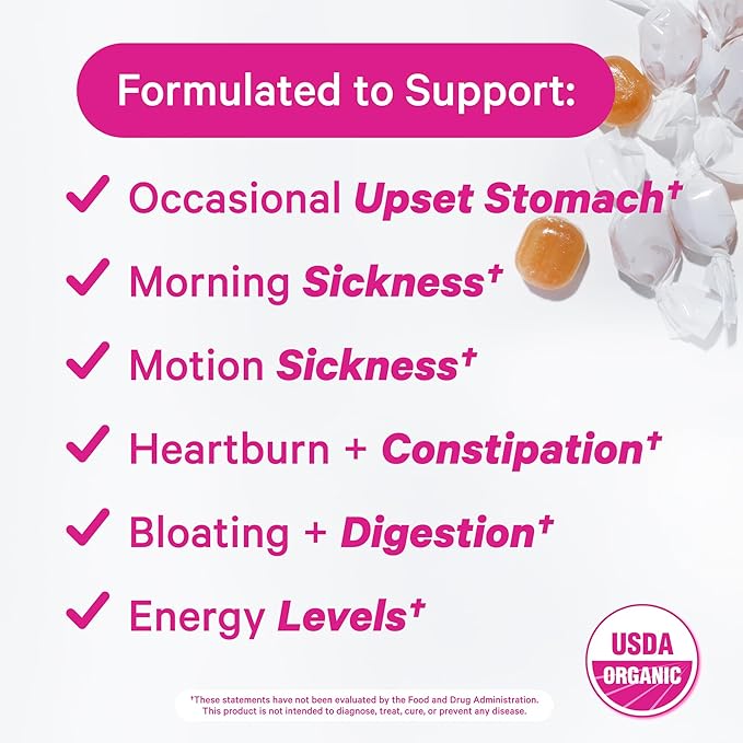 Pink Stork Organic Ginger Raspberry Sweets with Vitamin B6 for Morning Sickness and Motion Sickness, Added Ginger & Vitamin B6, 1st Trimester Pregnancy Must Haves - 30 Wrapped Candies