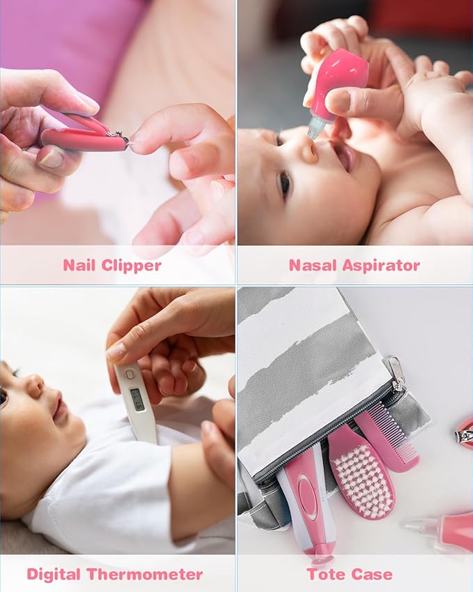 OTTOLIVES Baby Healthcare and Grooming Kit, 24 in 1 Baby Electric Nail Trimmer Set Newborn Nursery Health Care Set for Newborn Infant Toddlers Baby Boys Girls Kids Haircut Tools (0-3 Years+) (Pink)