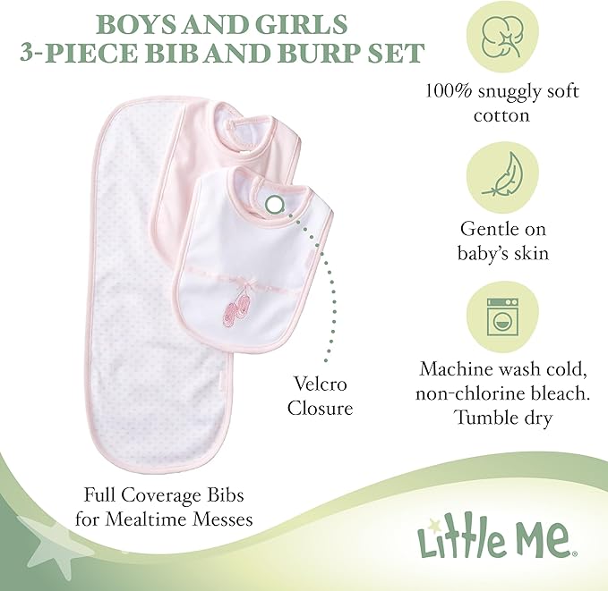 Little Me Clothes for Baby Boys’ and Girls’ 2 Bibs and 1 Burp Cloth Set, Soft Cotton Feeding Essentials with Velcro Closures