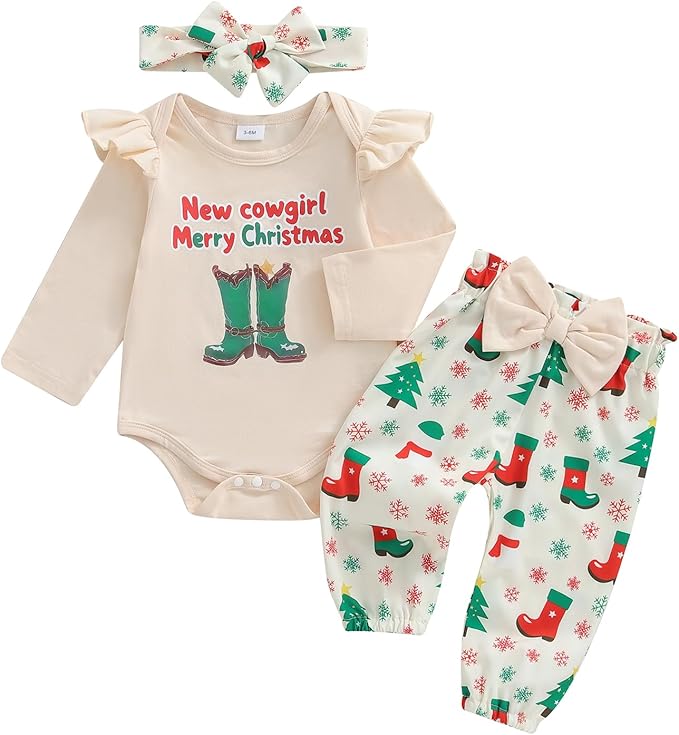 Fernvia Western Newborn Baby Girl Clothes Long Sleeve Letter Print Romper Animal Print Pants Headband 3Pcs Outfits Sets