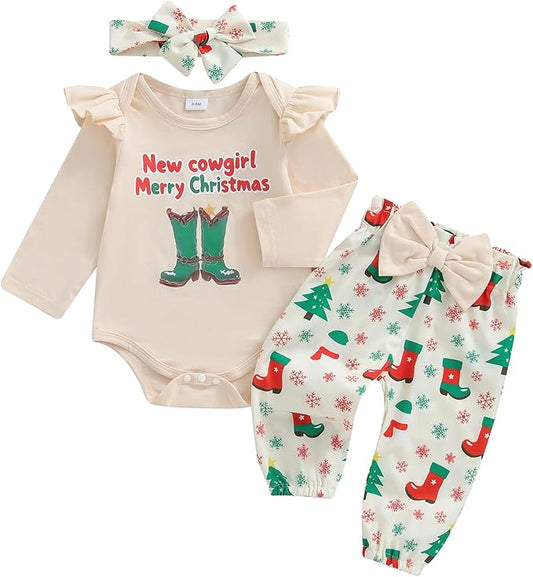 Fernvia Western Newborn Baby Girl Clothes Long Sleeve Letter Print Romper Animal Print Pants Headband 3Pcs Outfits Sets