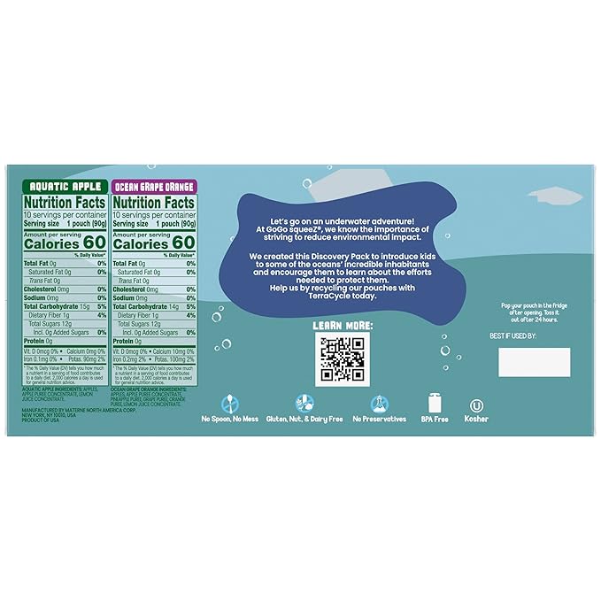 GoGo squeeZ Applesauce and Fruit Puree Underwater Species Discovery Pack, Aquatic Apple and Ocean Grape, 3.2 oz Pouches (Pack of 20), Unsweetened Snacks for Kids, BPA Free Pouches