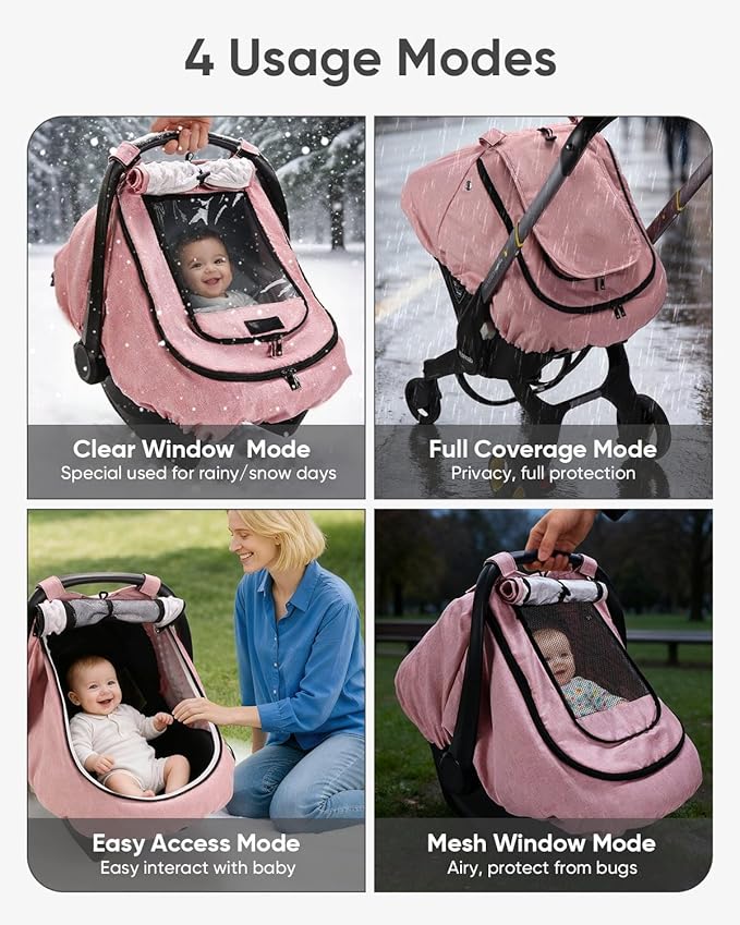 Waterproof Car Seat Cover for Baby, 2-Layer Car Seat Rain Cover with Clear Window & Sunshade & Mesh Cover, Universal Infant Carseat Canopy for Stroller, Protect from Rain and Snow - Pink