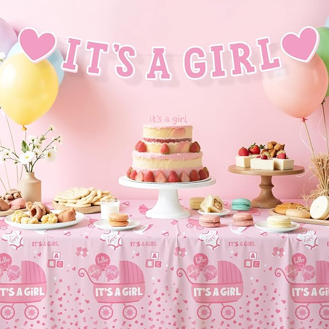 Gatherfun Baby Girl Shower Party Supplies: 2-Pack It’s A Girl Decorations,Disposable Plastic Tablecloth, Ideal Table Cover for Baby Shower Decorations Girl