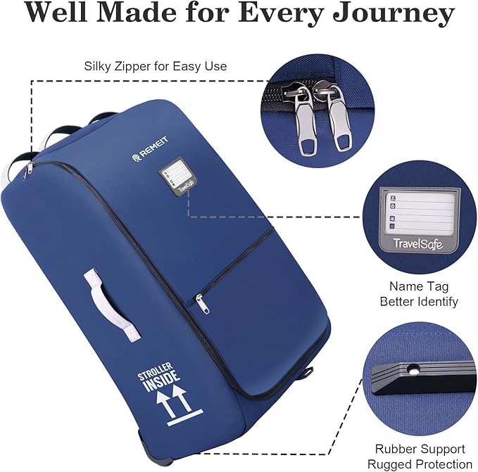 Stroller Bag for Airplane, Stroller Travel Bag Compatible with UPPAbaby Vista, Vista V2, Cruz V2, Rolling Wheel Bag with Storage Pocket, Multiple Handles, Luggage Tag for Flight Travel, Navy
