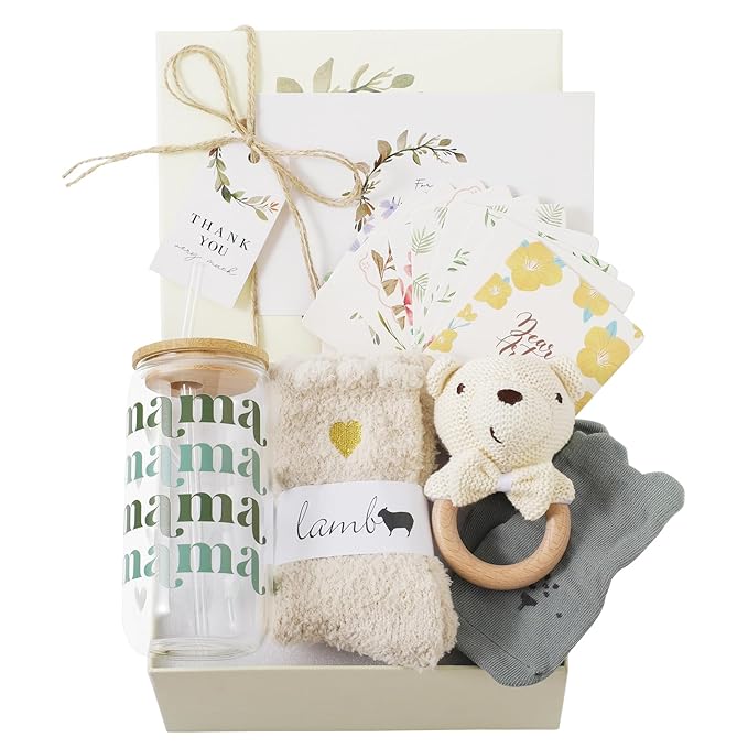 New Mom & Baby Gift Basket | Pregnancy & Baby Shower Gifts for First-Time Moms | Green Mama Glass Tumbler & Teddy Bear Rattle Set