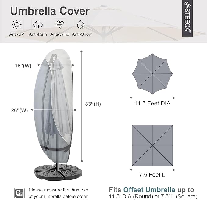 Patio Waterproof Umbrella Cover, Outdoor Offset Parasol Cover for 7.5-11.5 Feet Cantilever Banana Frame Umbrella