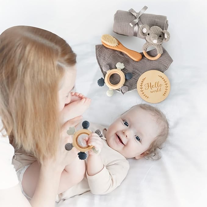 YOUUYS Baby Gift Set for Newborn - Baby Essential Bath Basket Gift Set with Baby Blanket Baby Rattle Teether Toy & Hair Brush Newborn Shower Gift for Baby Girls Boys 6PCS (Elephant)