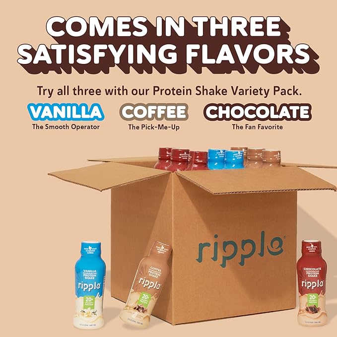 Ripple Vegan Protein Shake | Chocolate | 20g Nutritious Plant Based Pea Protein | Shelf Stable | No GMOs, Soy, Nut, Gluten, Lactose | 12 Oz, 12 Pack