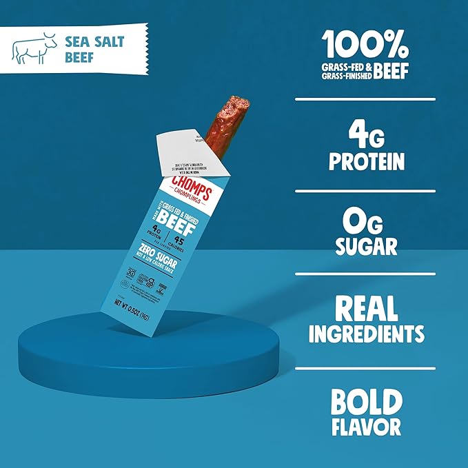 Chomps Snack Size Grass-Fed and Finished Sea Salt Beef Jerky Snack Sticks 0.5oz 24-Pack - Keto, Paleo, Whole30, 4g Lean Meat Protein, Gluten-Free, Zero Sugar Food, Non-GMO Chomplings