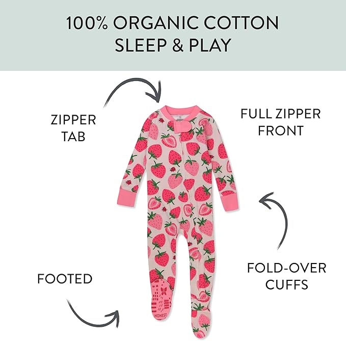 HonestBaby 2-Pack Non-Slip Footed Pajamas One-Piece Sleeper Jumpsuit Zip-Front Pjs 100% Organic Cotton for Baby Girls