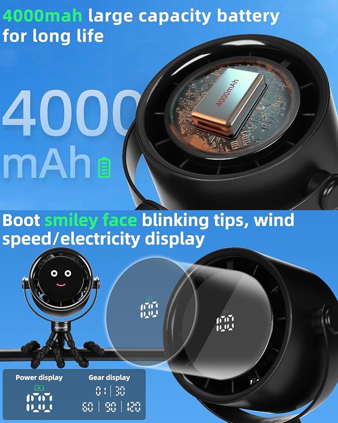Stroller Fan Portable, Personal Fan for Travel, Air Turbo Tech & Digital display, Detachable 5 Speeds Rechargeable 360° Rotate Flexible Tripod Fan, For Home Office Stroller Camping - Black