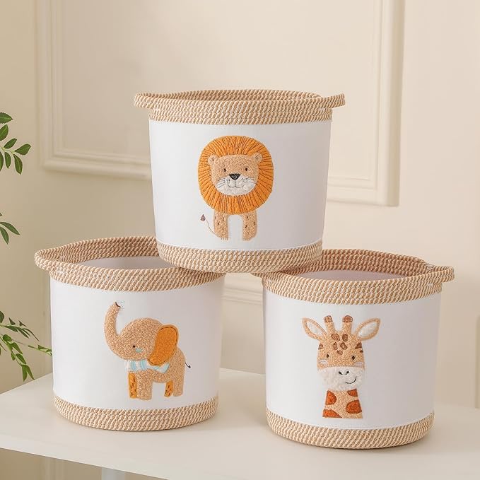 3-Piece Woven Baby Toy Baskets Laundry Hampers, Foldable Nursery Organizer for Toys Clothes Stuffed Animals, Roomy Sturdy Hampers for Baby Gift Nursery Decor Baskets Lion/Giraffe/Elephant Design