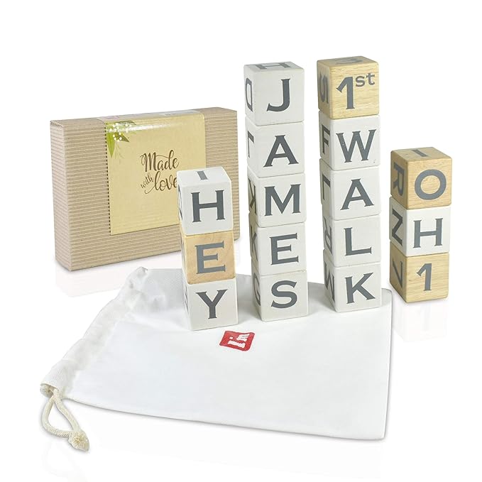 I'm Solid Wood Baby ABC Alphabet Milestone Age Blocks, Personalized Own Name, Gender Neutral, Newborn Gifts & Keepsakes for Picture Props (1.9" / 16 Pcs/White)